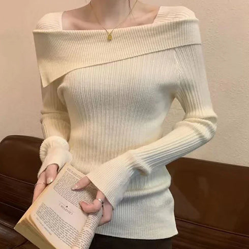 Solid Sexy Slim Off Shoulder Slash Neck Sweater Women Jumpers